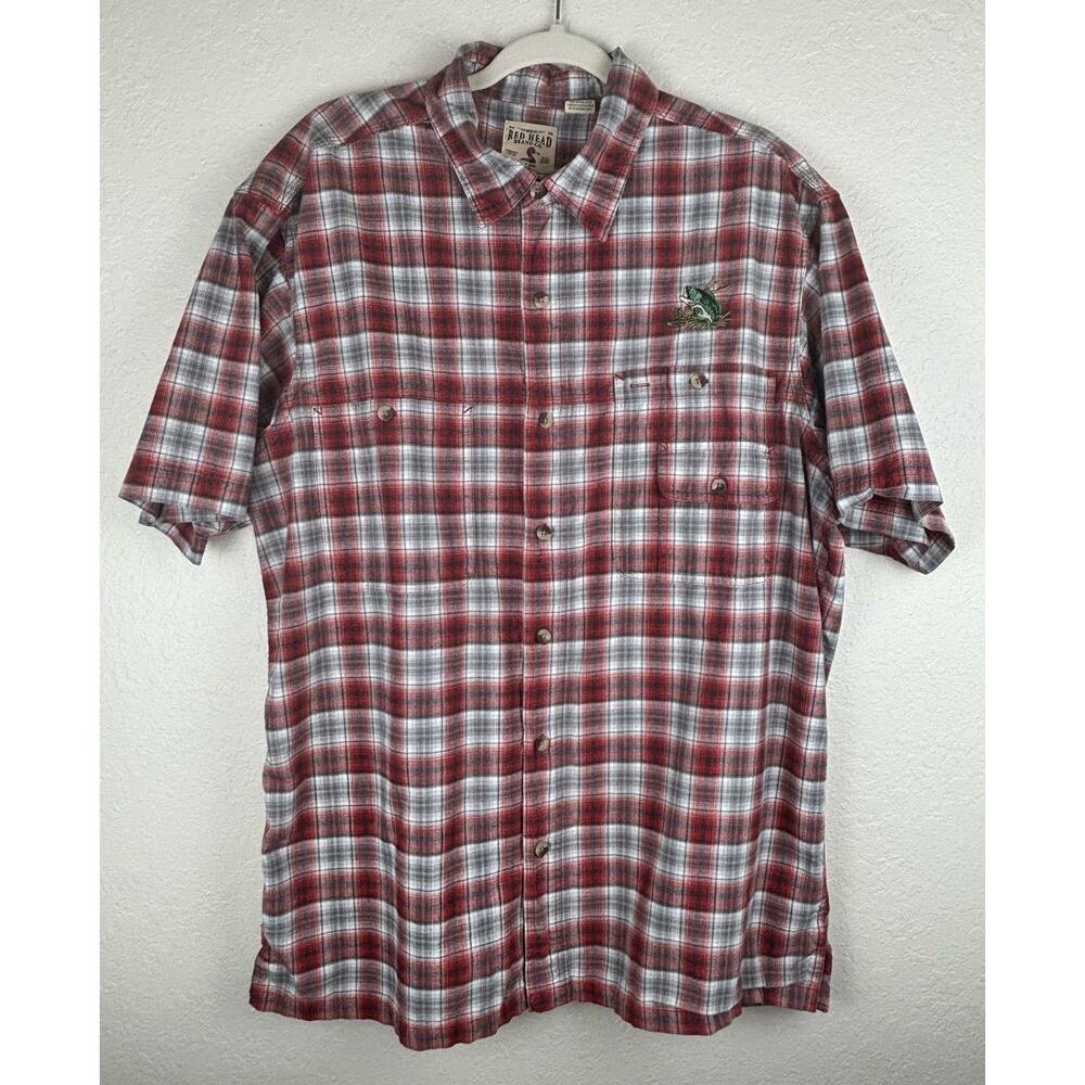 Red Head Brand Bass Pro Short Sleeve Red Plaid Button Down Shirt Size XL